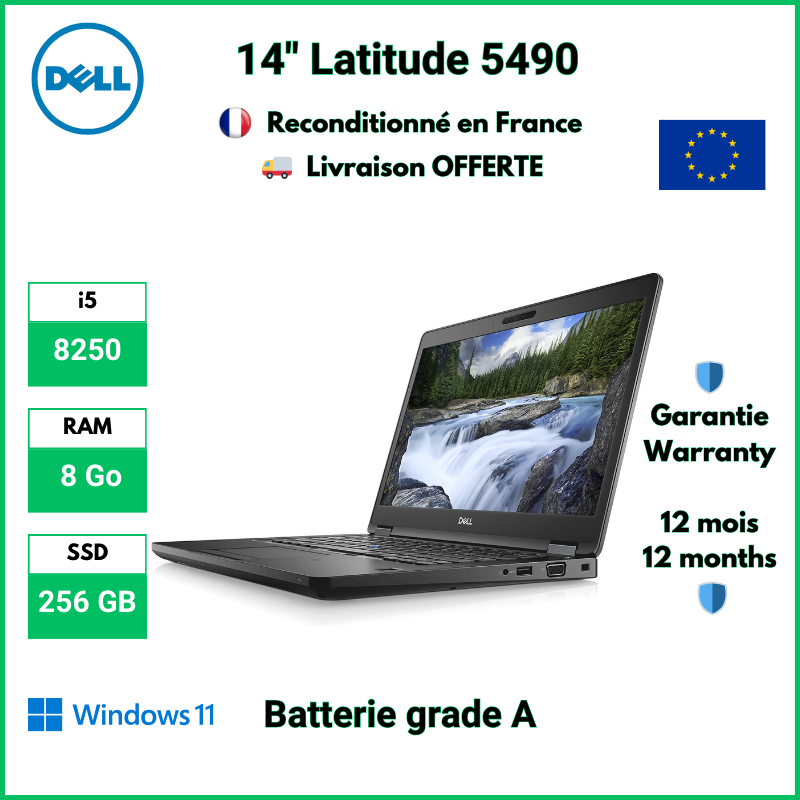 Dell Latitude 5490 14" i5-8250, 8 Go DDR4, 256 Go SSD, Windows 11 Pro - Batterie Grade A | Reconditionné