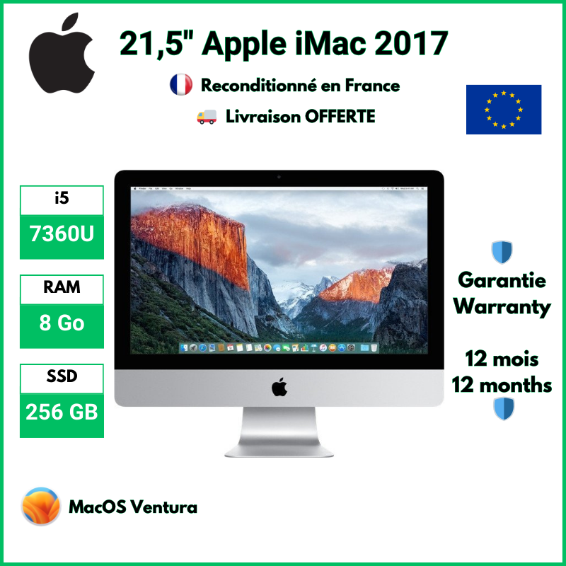 21,5" Apple iMac 2017 i5-7360U, 8 Go RAM, 256 Go SSD, MacOS Ventura | Clavier & Souris Filaire | Reconditionné