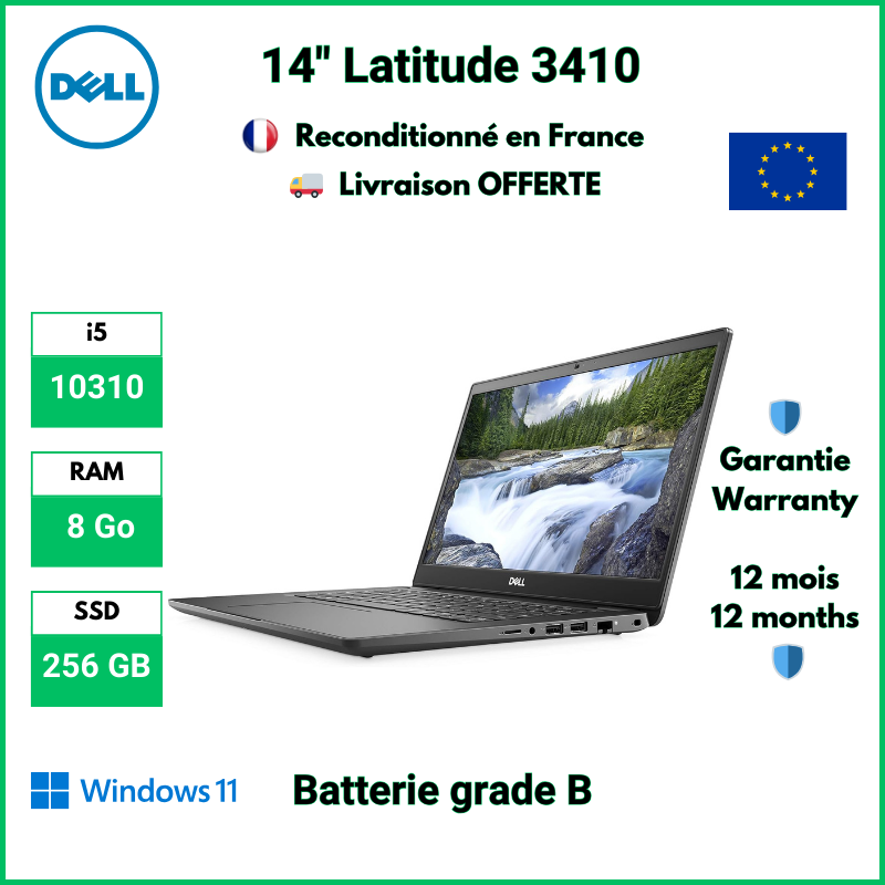 Dell Latitude 3410 14" i5-10310, 8 Go DDR4, 256 Go SSD, Windows 11 Pro - Batterie Grade B | Reconditionné