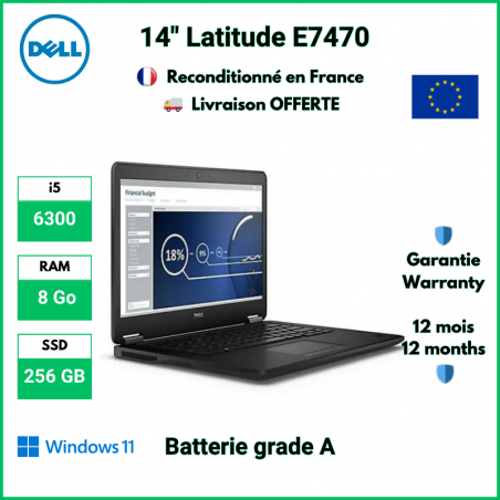 Dell Latitude E7470 14" i5-6300, 8 Go DDR4, 256 Go SSD, Windows 11 Pro - Batterie Grade A | Reconditionné