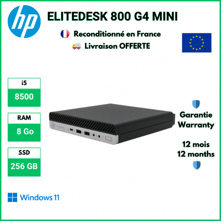 HP EliteDesk 800 G4 Mini i5-8500, 8 Go RAM, 256 Go SSD, Windows 11 Pro | Reconditionné