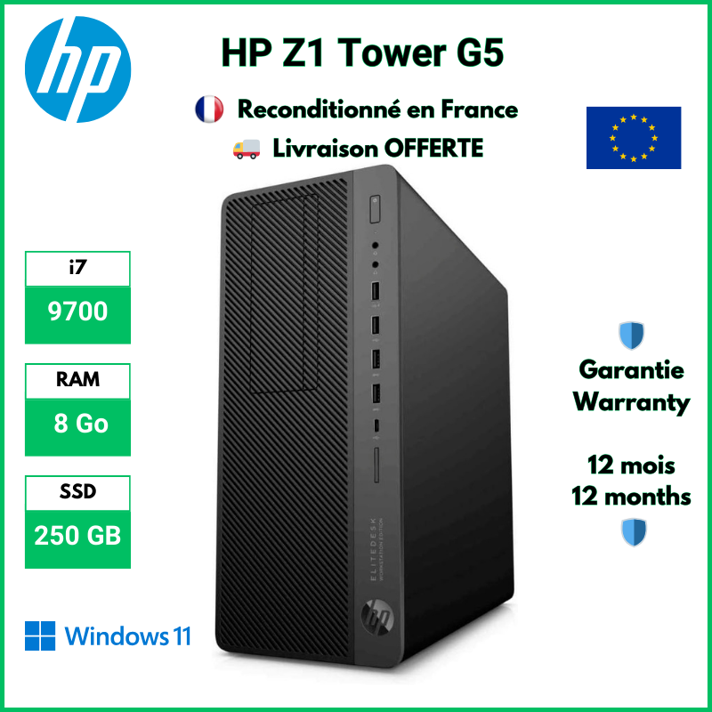 HP Z1 Tower G5 i7-9700, 8 Go RAM, 250 GB SSD, Wifi, Windows 11 Pro | Reconditionné