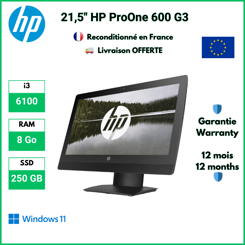 HP ProOne 600 G3 21,5" i3-6100, 8 Go RAM, 250 GB SSD, Windows 11 Pro | Reconditionné